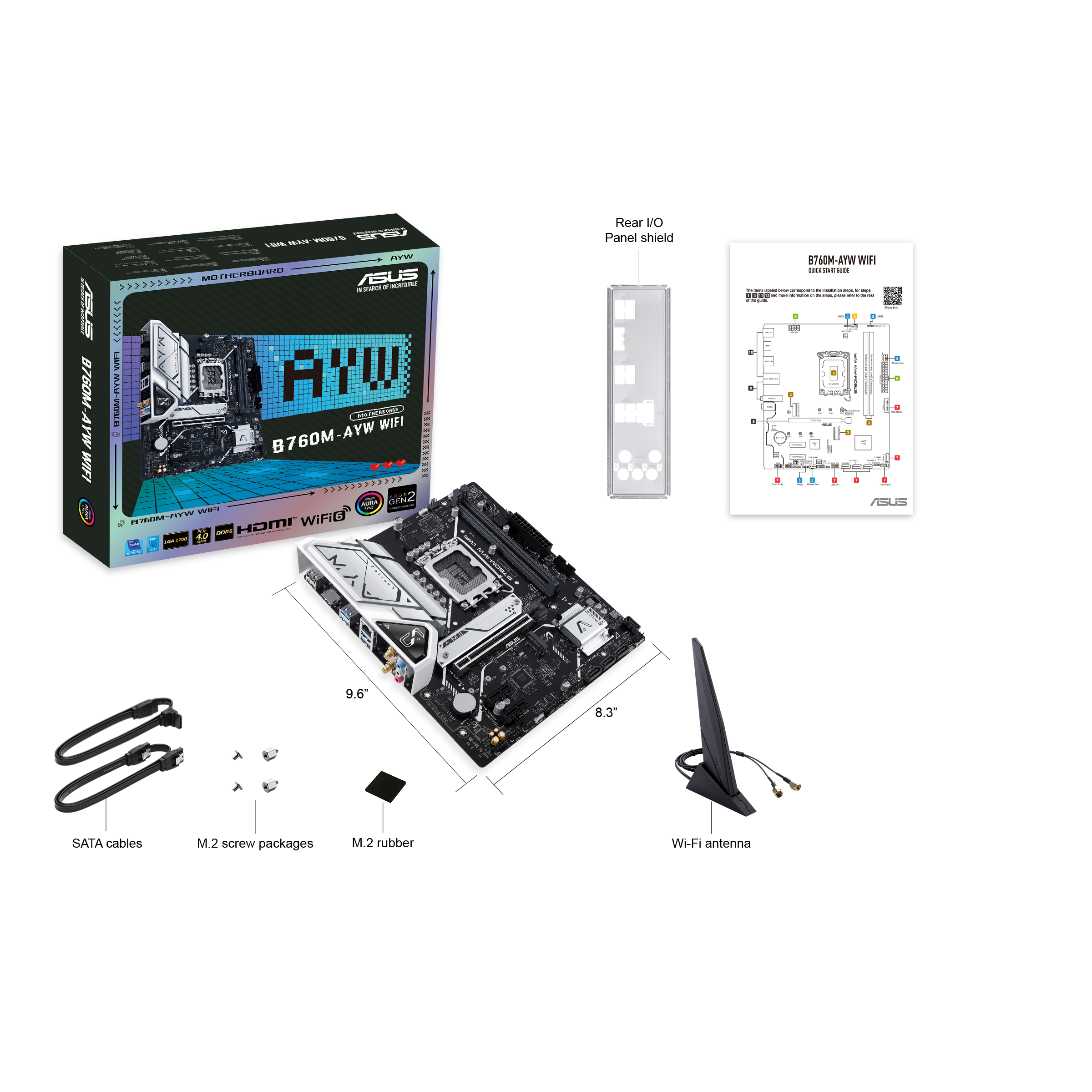 A large main feature product image of ASUS B760M AYW Wi-Fi LGA1700 mATX Desktop Motherboard