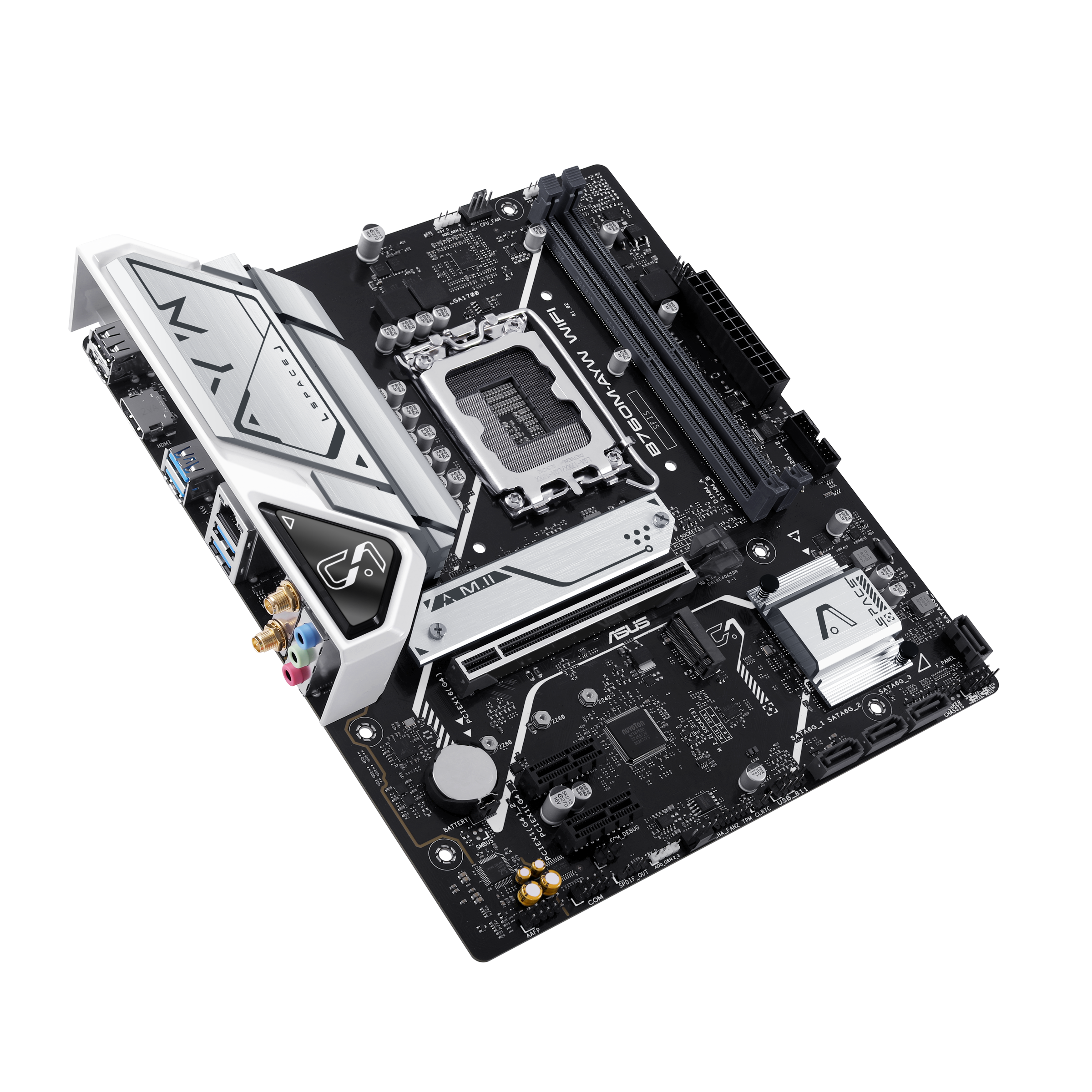 A large main feature product image of ASUS B760M AYW Wi-Fi LGA1700 mATX Desktop Motherboard
