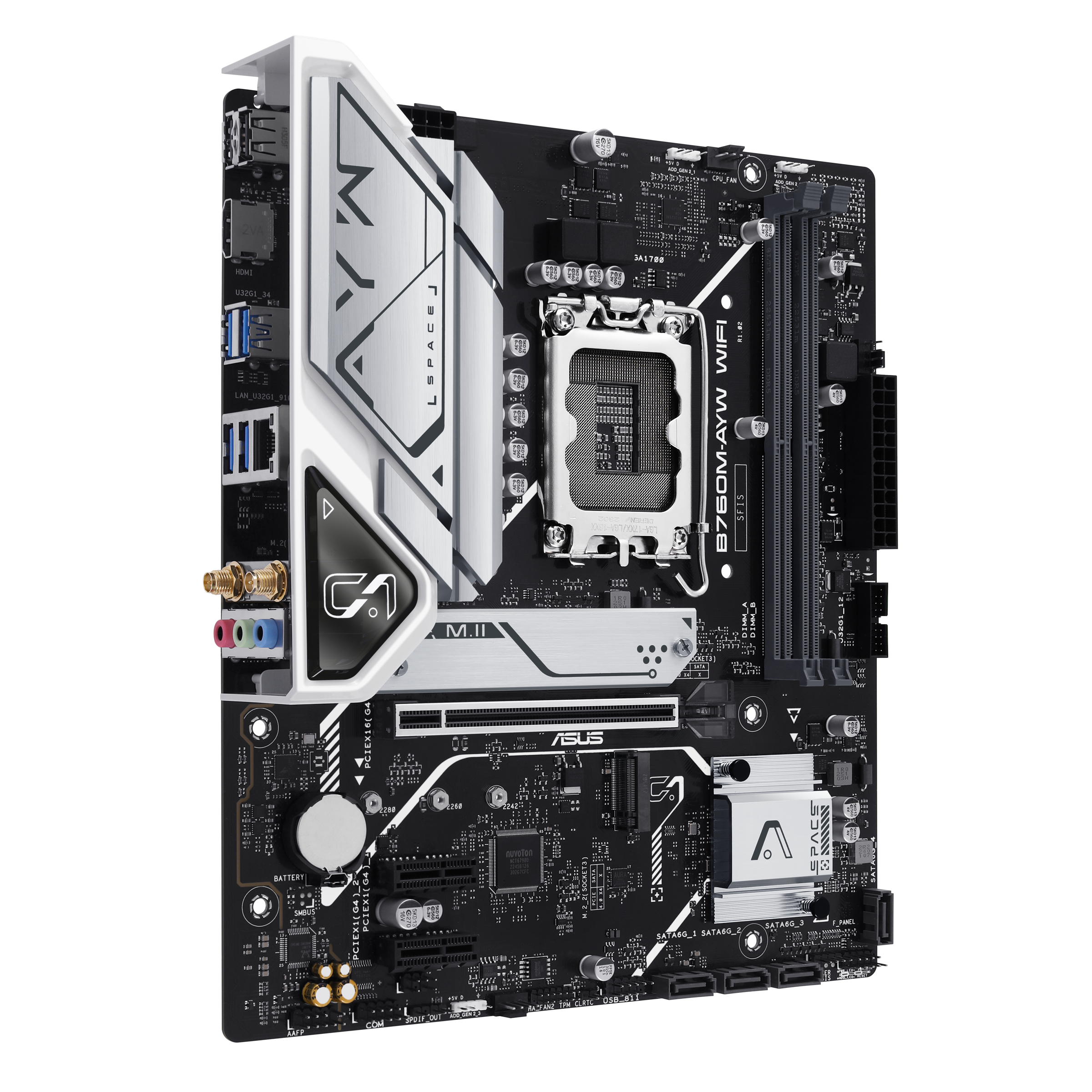 A large main feature product image of ASUS B760M AYW Wi-Fi LGA1700 mATX Desktop Motherboard