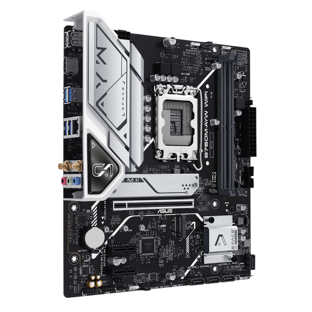 A large main feature product image of ASUS B760M AYW Wi-Fi LGA1700 mATX Desktop Motherboard