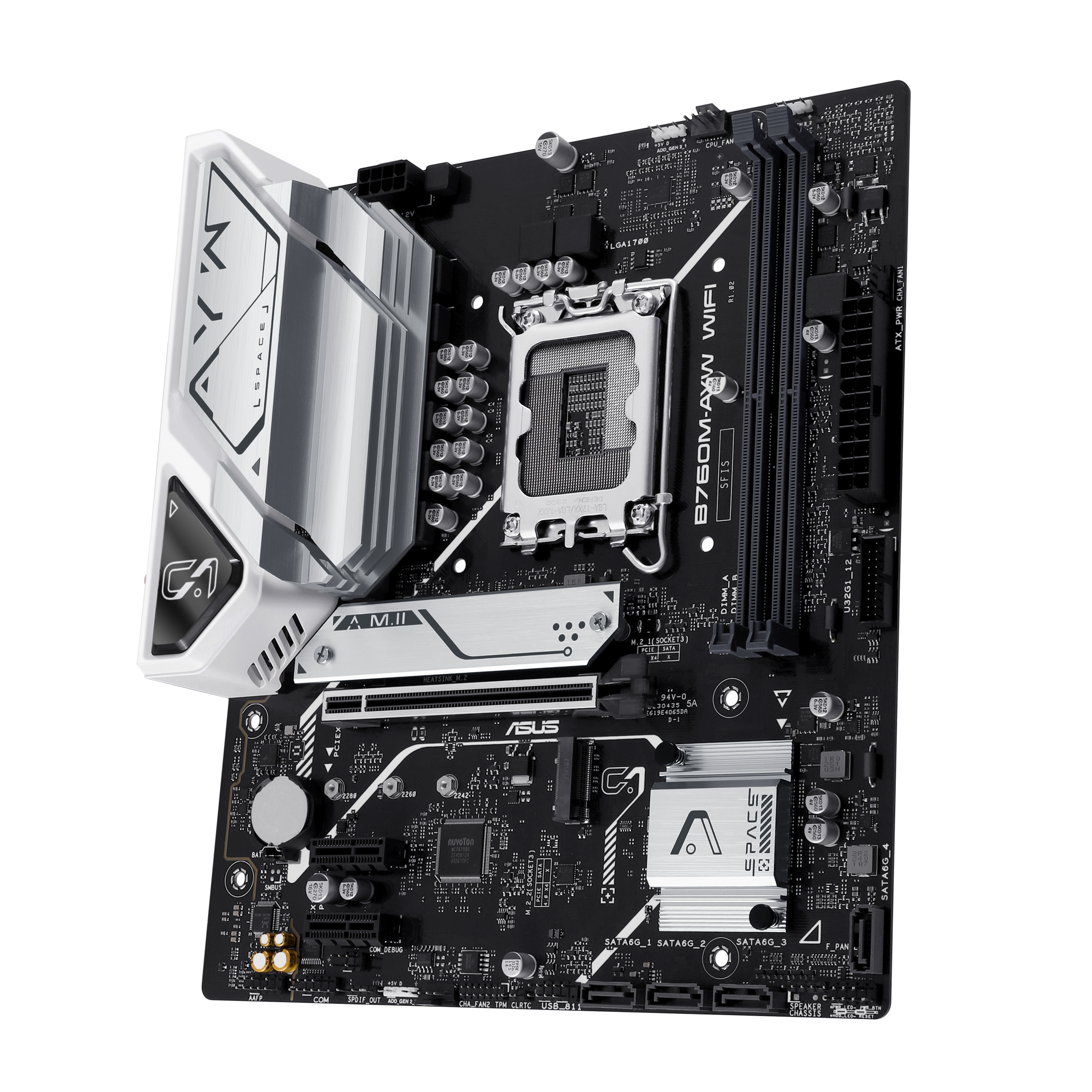 A large main feature product image of ASUS B760M AYW Wi-Fi LGA1700 mATX Desktop Motherboard