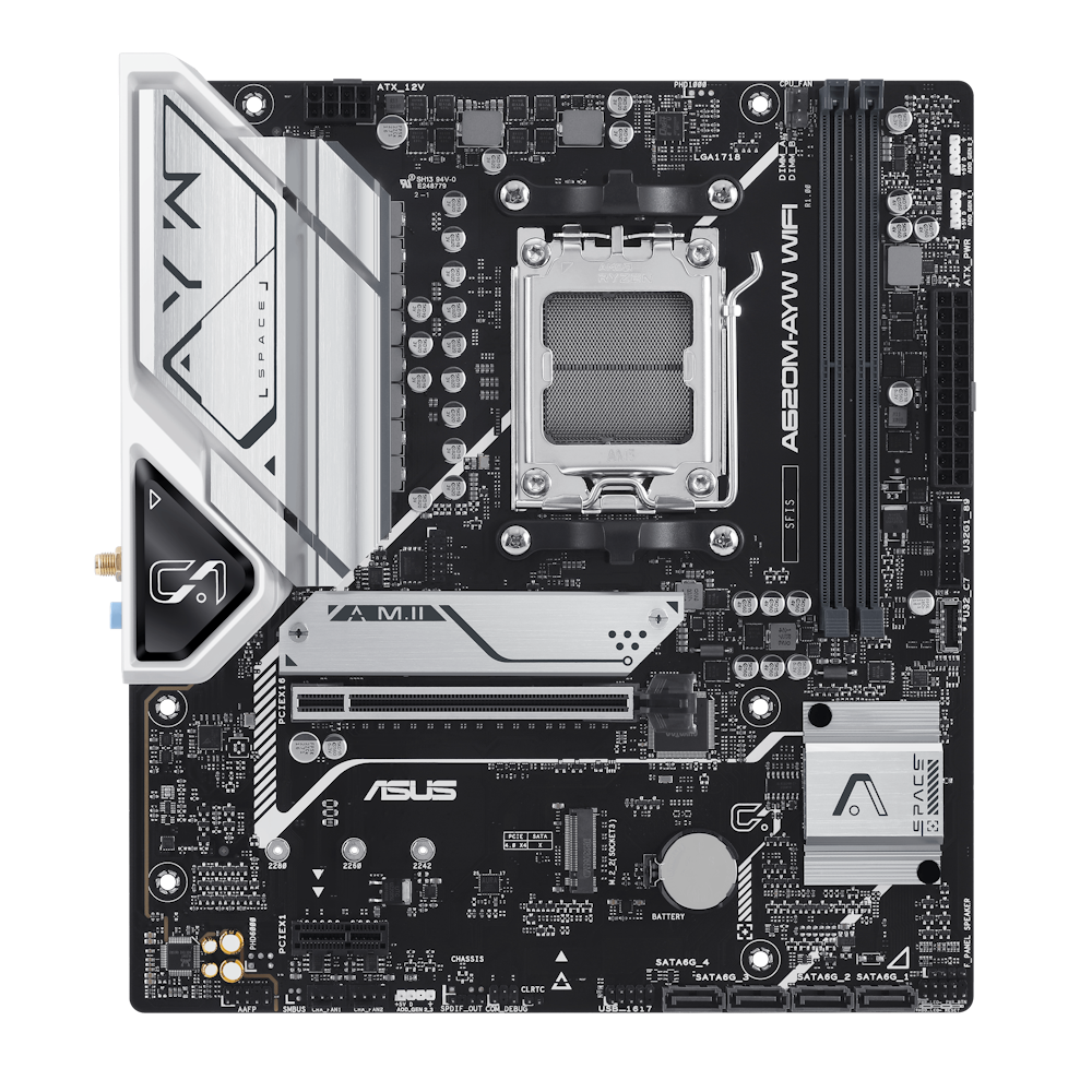 A large main feature product image of ASUS A620M-AYW WiFi AM5 mATX Desktop Motherboard