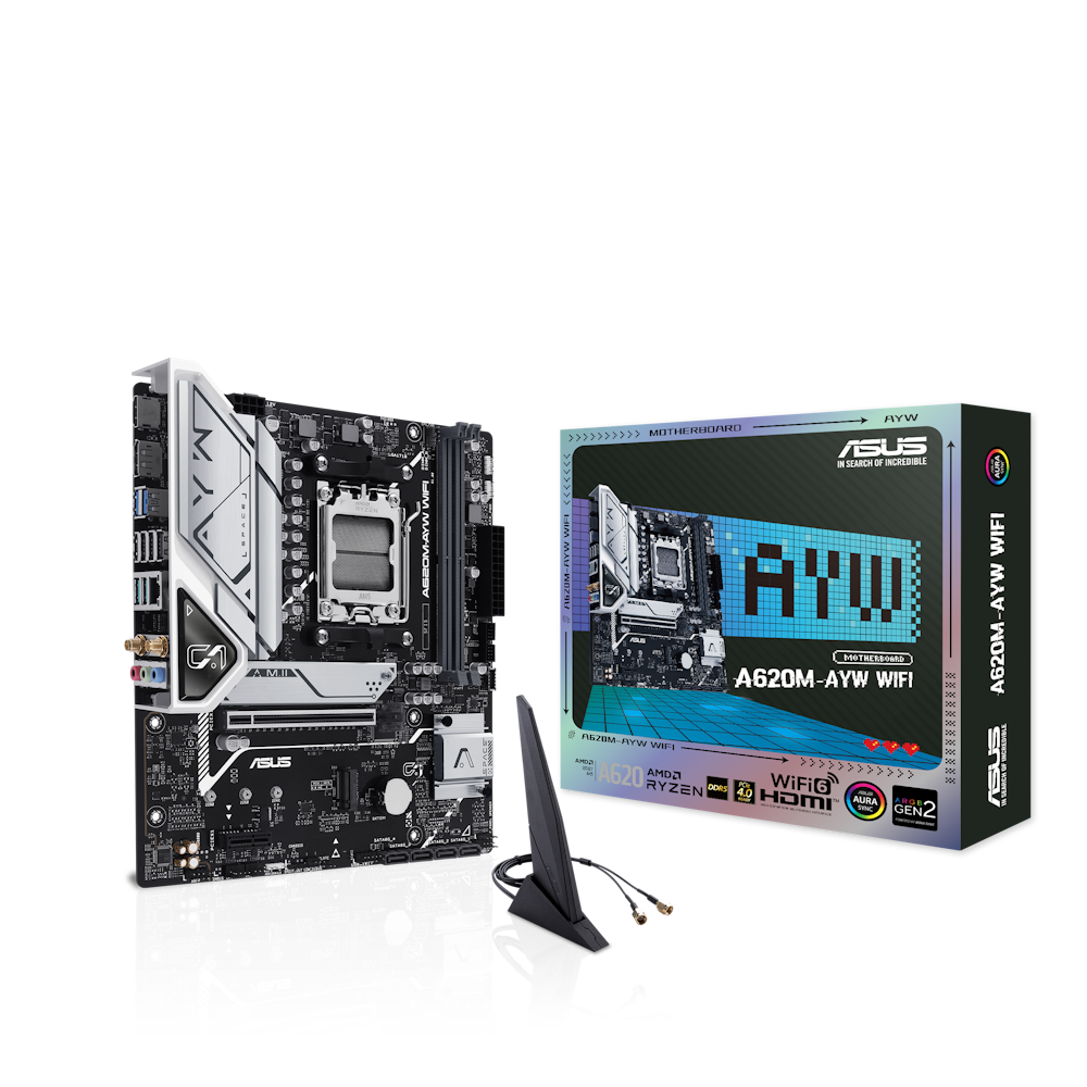 A large main feature product image of ASUS A620M-AYW WiFi AM5 mATX Desktop Motherboard