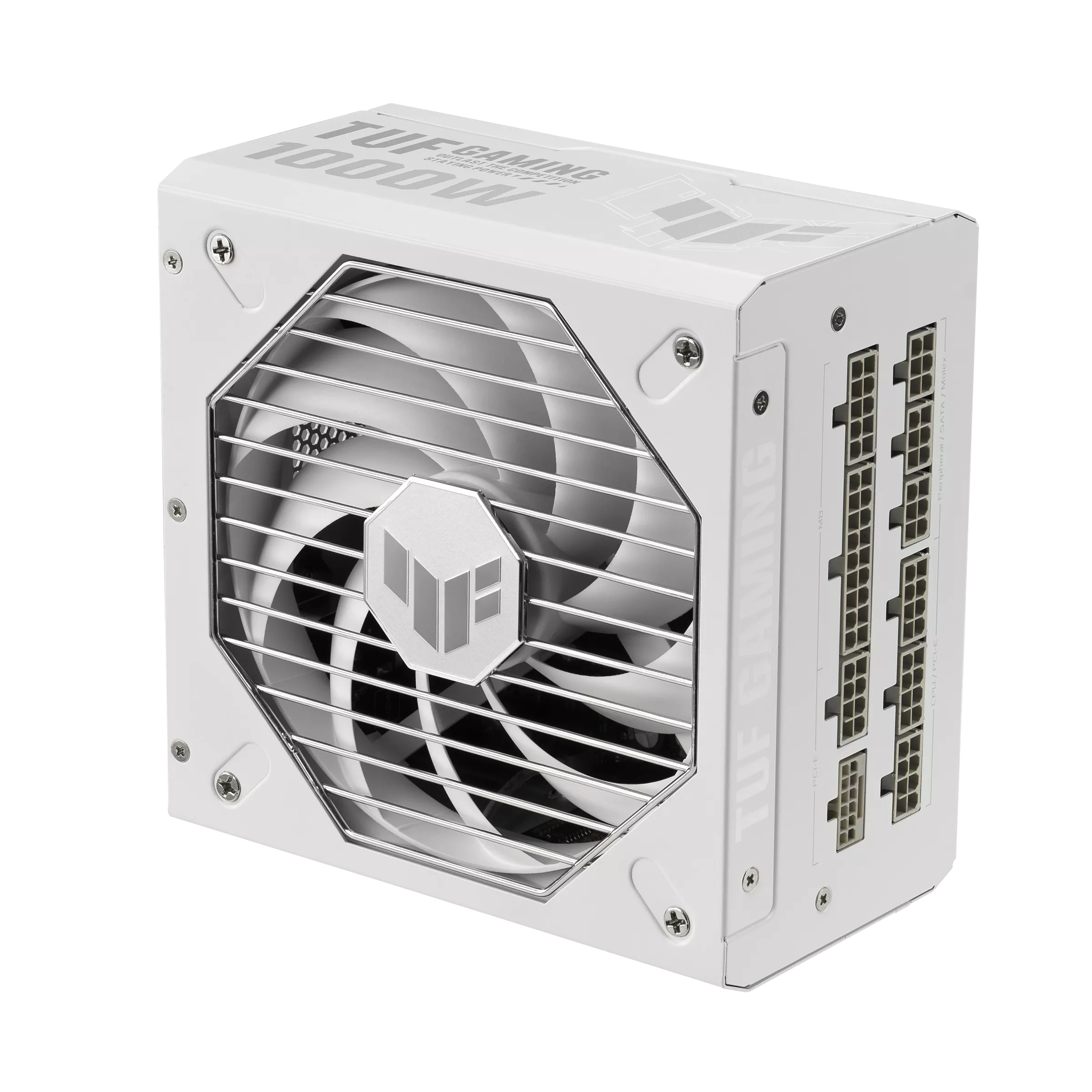 A large main feature product image of ASUS TUF Gaming 1000W Gold PCIe 5.0 ATX Modular PSU (White)