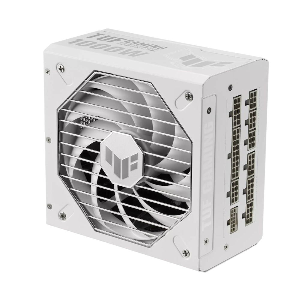 A large main feature product image of ASUS TUF Gaming 1000W Gold PCIe 5.0 ATX Modular PSU (White)