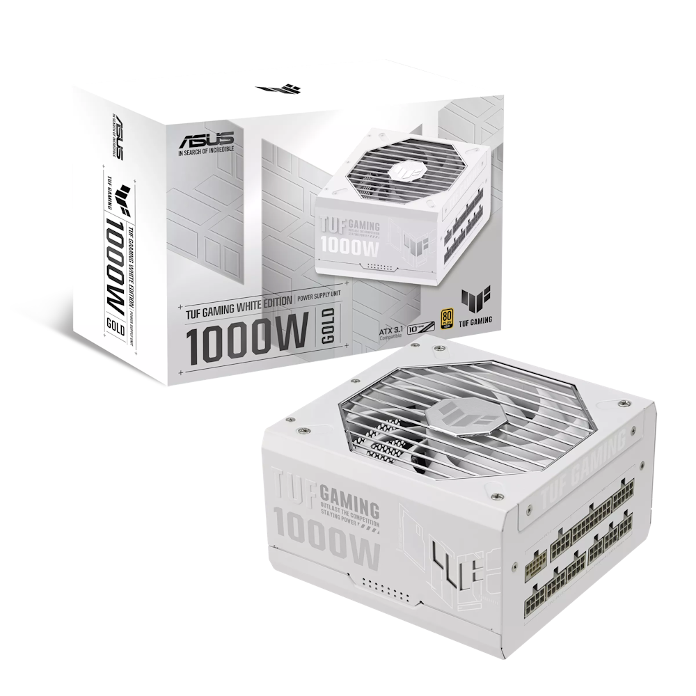 A large main feature product image of ASUS TUF Gaming 1000W Gold PCIe 5.0 ATX Modular PSU (White)