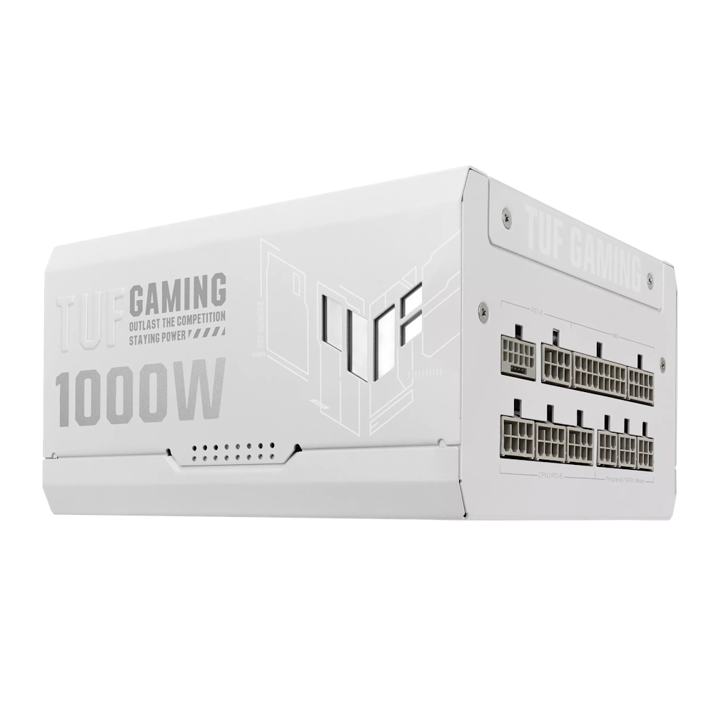 A large main feature product image of ASUS TUF Gaming 1000W Gold PCIe 5.0 ATX Modular PSU - White