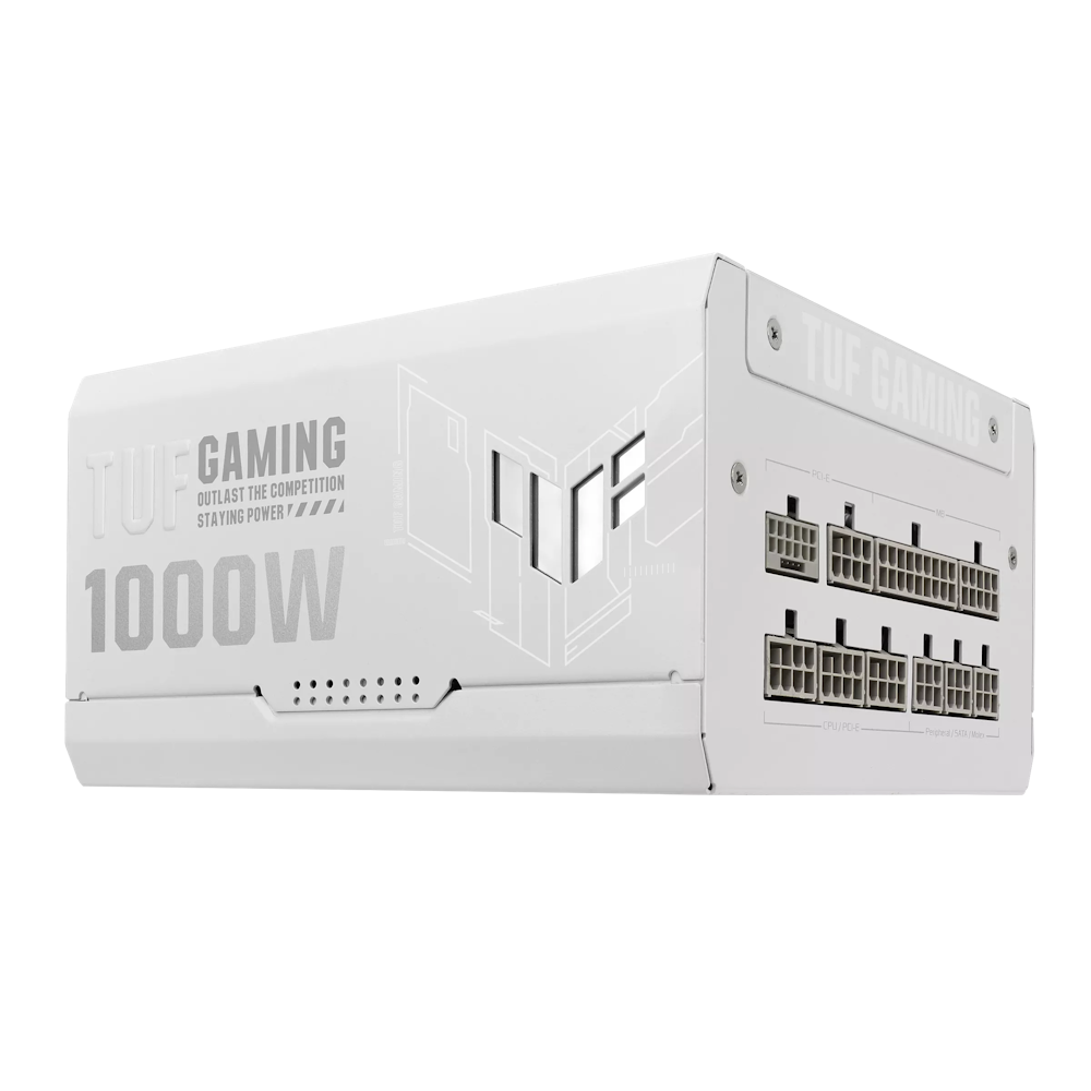 A large main feature product image of ASUS TUF Gaming 1000W Gold PCIe 5.0 ATX Modular PSU (White)