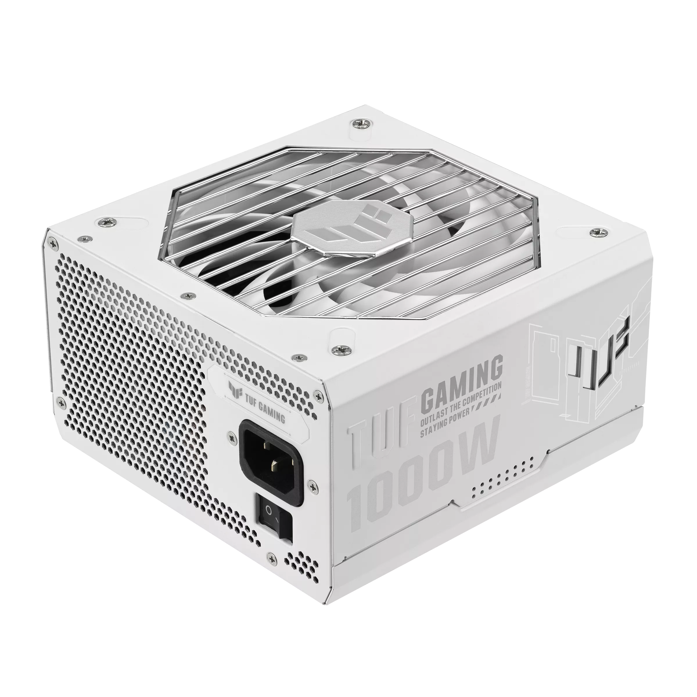 A large main feature product image of ASUS TUF Gaming 1000W Gold PCIe 5.0 ATX Modular PSU (White)