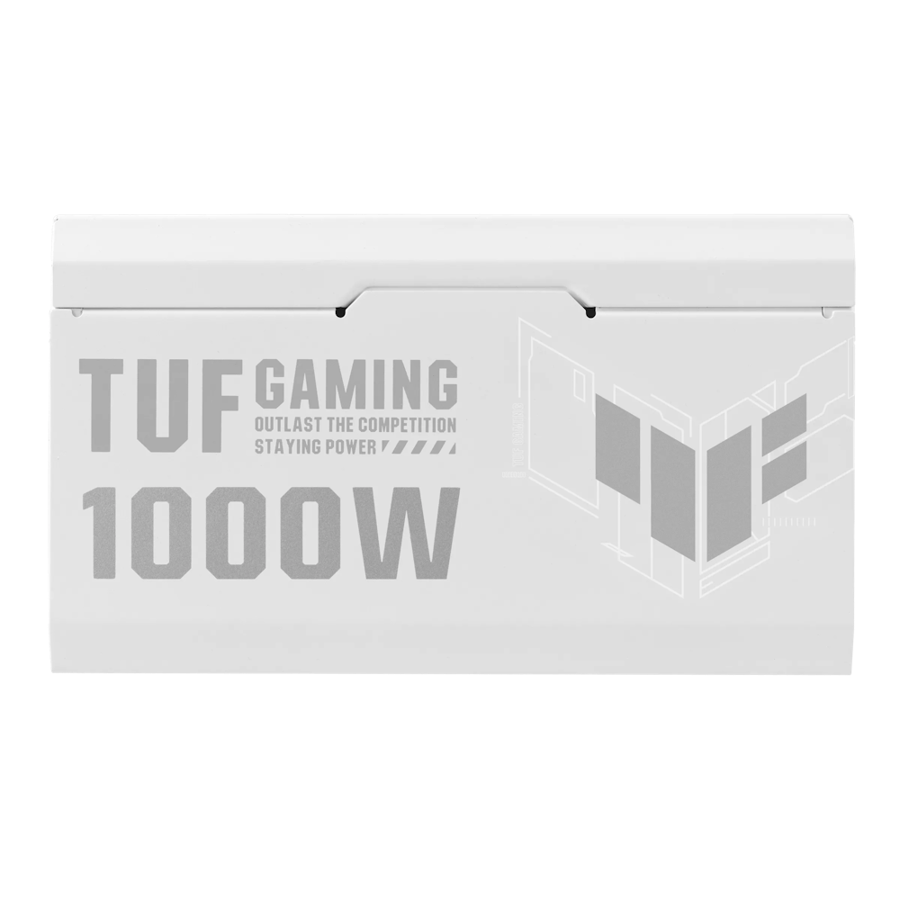 A large main feature product image of ASUS TUF Gaming 1000W Gold PCIe 5.0 ATX Modular PSU - White