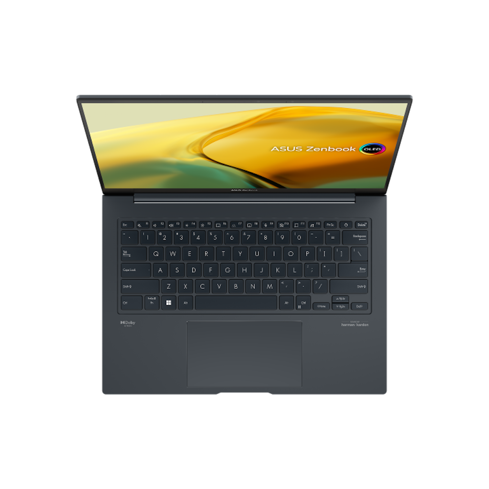 A large main feature product image of ASUS Zenbook 14X OLED (UX3404) - 14.5" 120Hz, 13th Gen i9, RTX 3050, 32GB/1TB - Win 11 Pro Notebook
