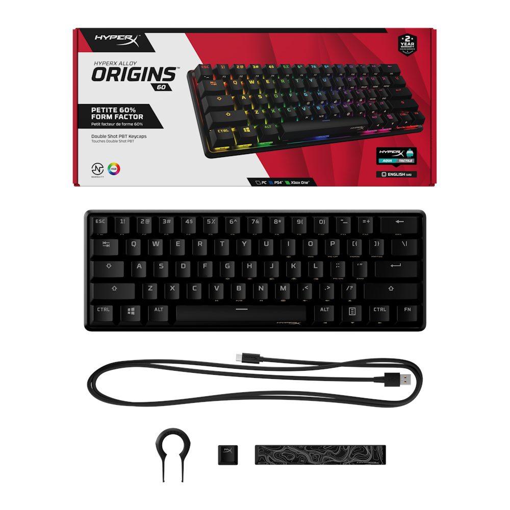 A large main feature product image of EX-DEMO HyperX Alloy Origins 60 Mechanical Gaming Keyboard - HyperX Aqua Switch