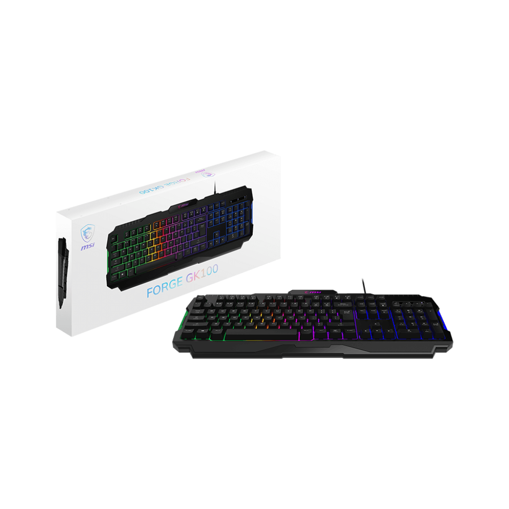A large main feature product image of MSI Forge GK100 RGB Gaming Keyboard
