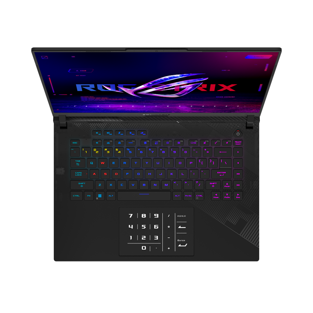 A large main feature product image of ASUS ROG Strix SCAR 16 (G634) - 16" 240Hz, 14th Gen i9, RTX 4080, 32GB/1TB - Win 11 Gaming Notebook