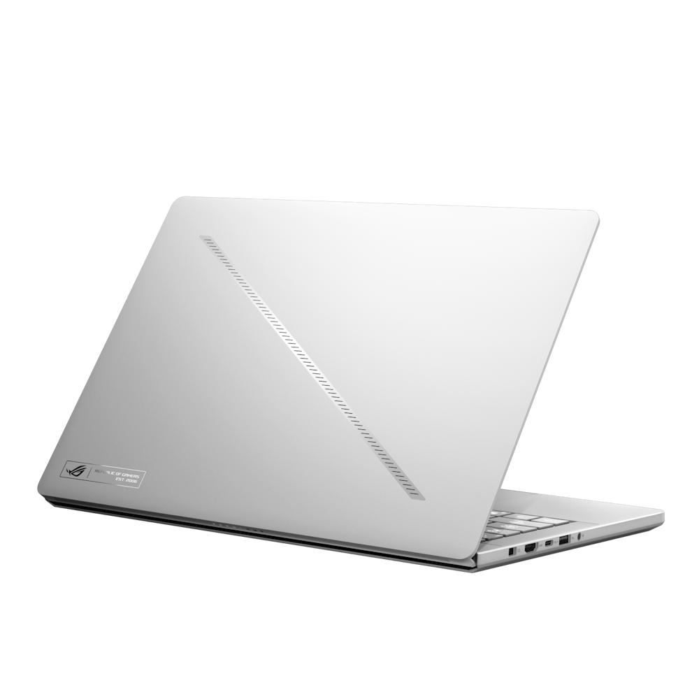A large main feature product image of ASUS ROG Zephyrus G14 (GA403) - 14" 120Hz, Ryzen 9, RTX 4050, 16GB/512GB - Win 11 Gaming Notebook (White)