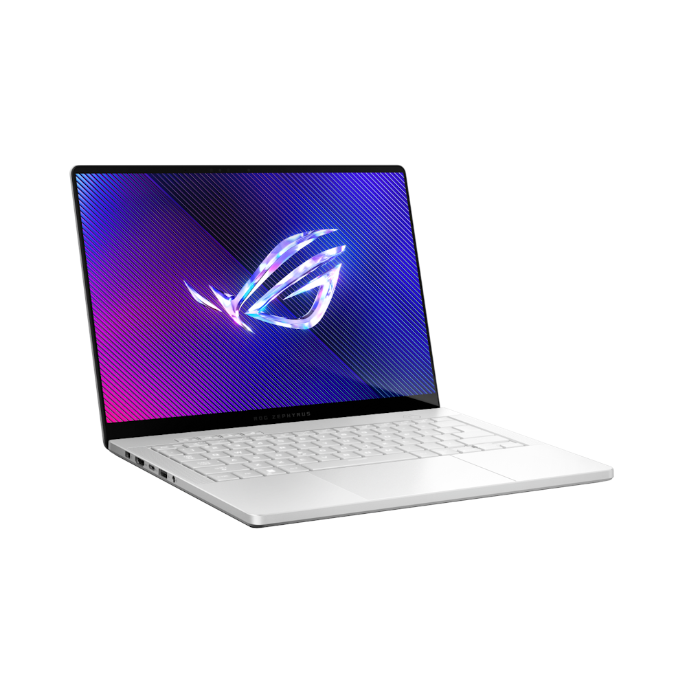 A large main feature product image of ASUS ROG Zephyrus G14 GA403UU-QS079W 14" 120Hz/0.2ms Ryzen 9 8945HS RTX 4050 Win 11 Gaming Notebook - White