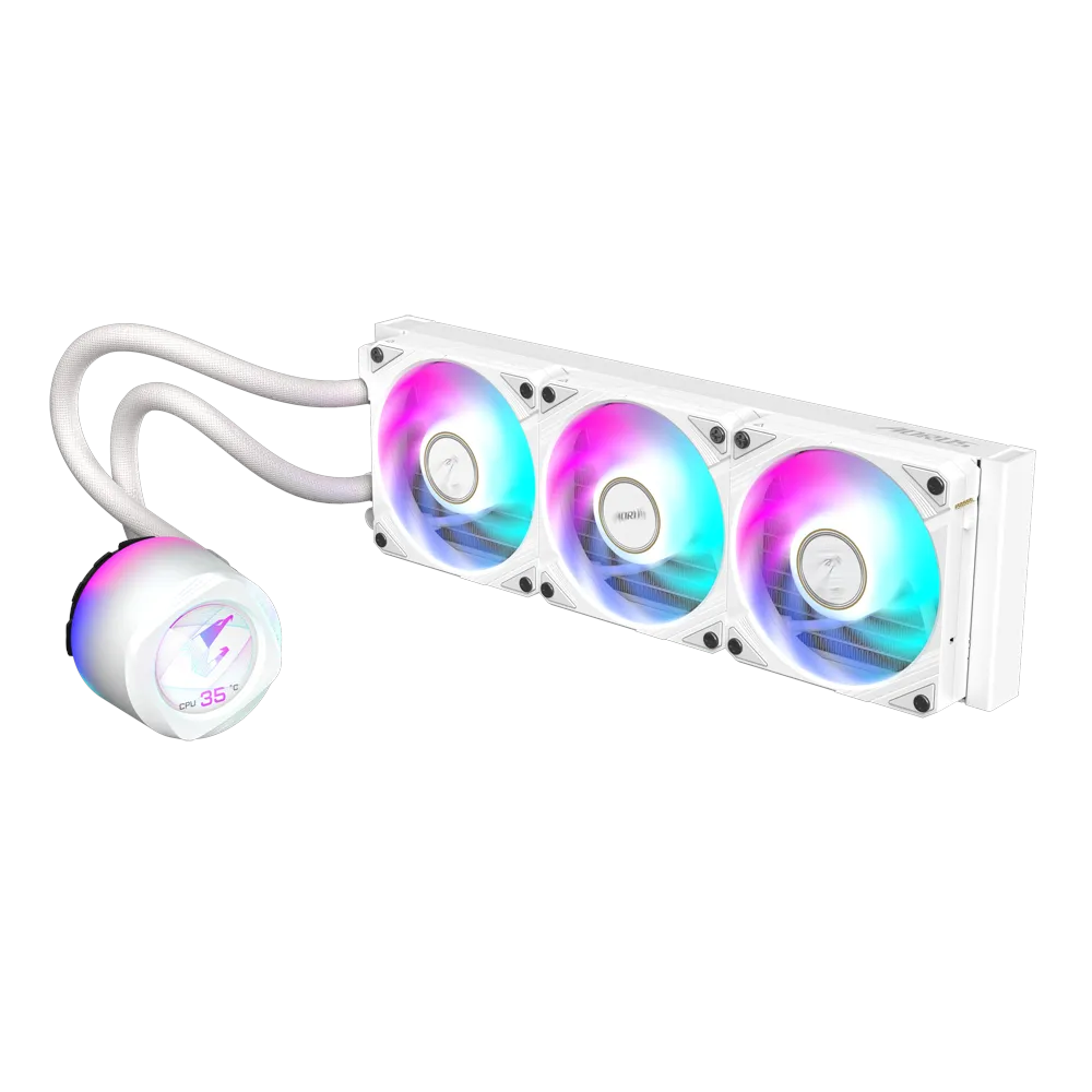 A large main feature product image of Gigabyte AORUS WATERFORCE X II 360 ICE 360mm AIO Liquid Cooler