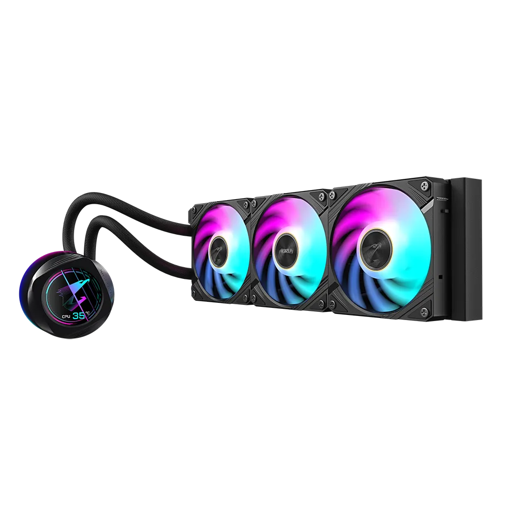 A large main feature product image of Gigabyte AORUS WATERFORCE X II 360 360mm AIO Liquid Cooler