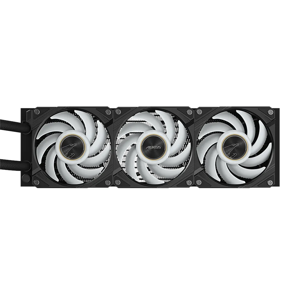 A large main feature product image of Gigabyte AORUS WATERFORCE X II 360 360mm AIO Liquid Cooler
