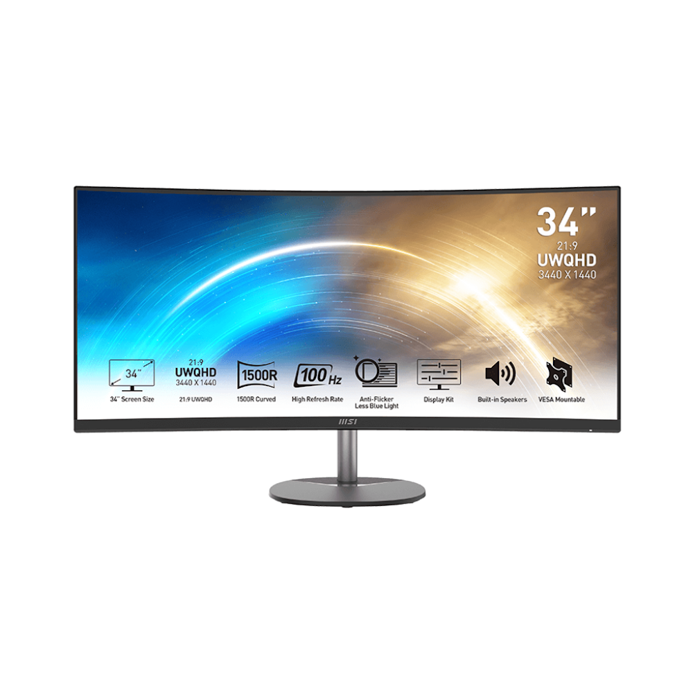A large main feature product image of MSI PRO MP341CQ - 34" Curved 1440p 100Hz VA Monitor