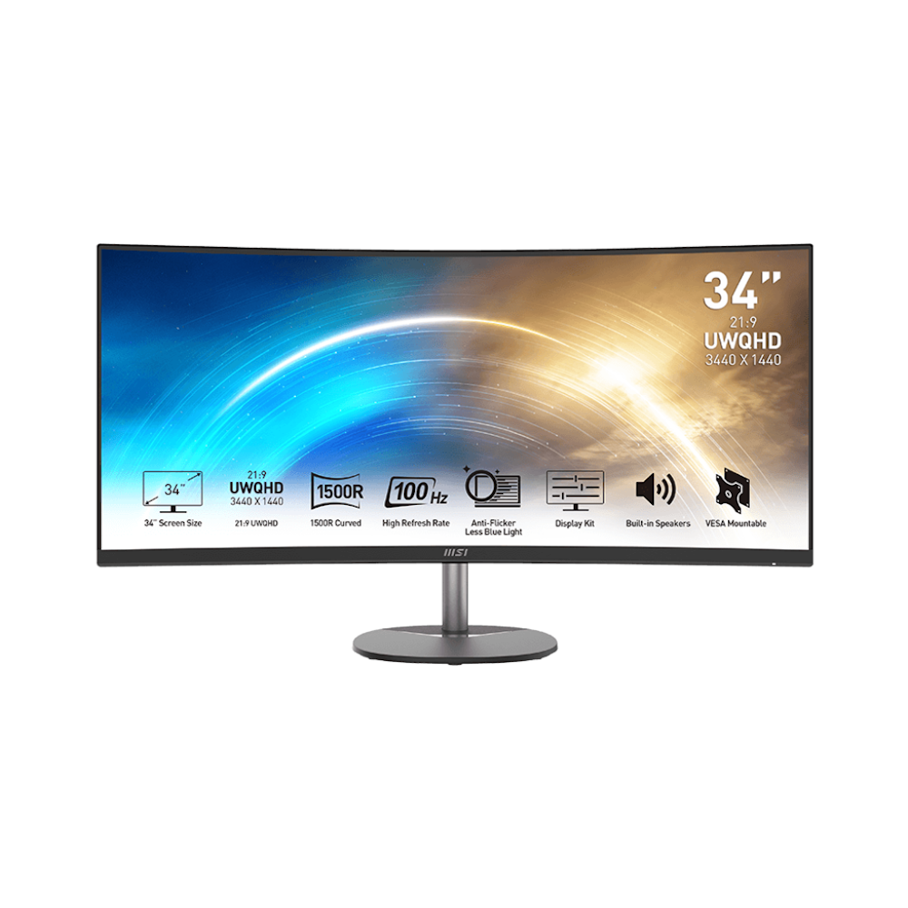 A large main feature product image of MSI PRO MP341CQ 34" Curved UWQHD 100Hz VA Monitor - Black