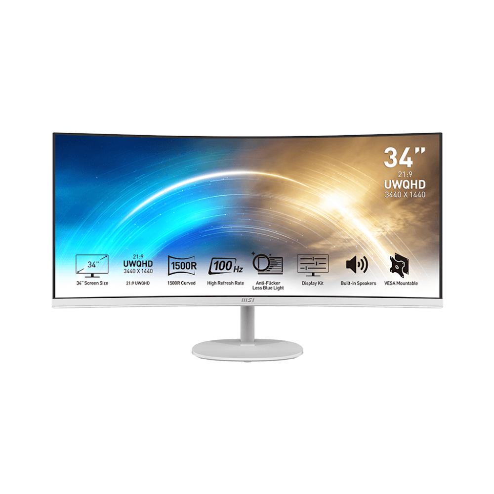 A large main feature product image of MSI PRO MP341CQW 34" Curved UWQHD 100Hz VA Monitor - White