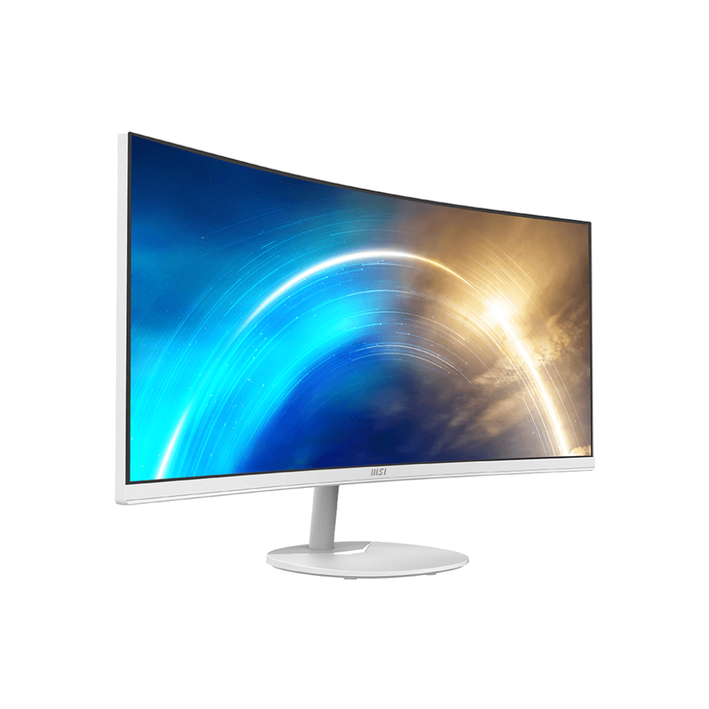 A large main feature product image of MSI PRO MP341CQW - 34" Curved 1440p 100Hz VA Monitor (White)