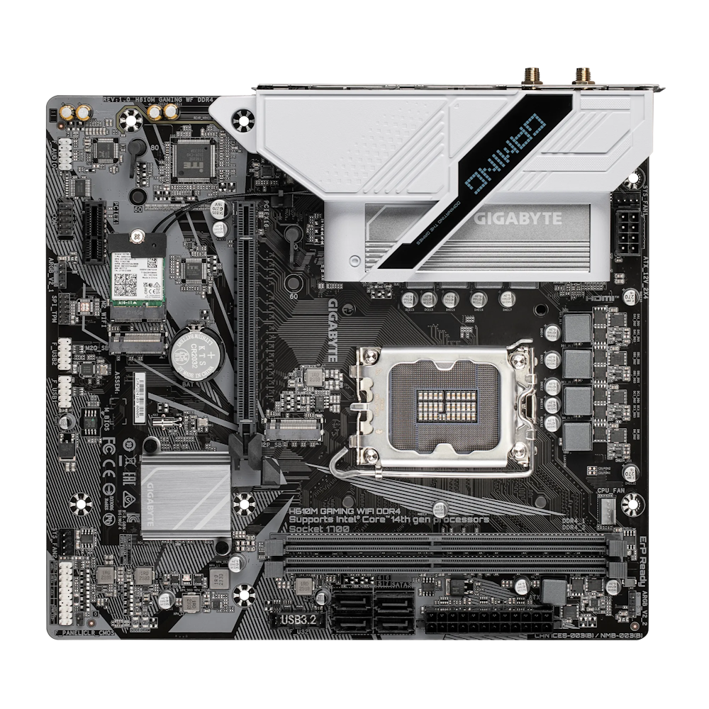 A large main feature product image of Gigabyte H610M Gaming WF DDR4 LGA1700 mATX Desktop Motherboard