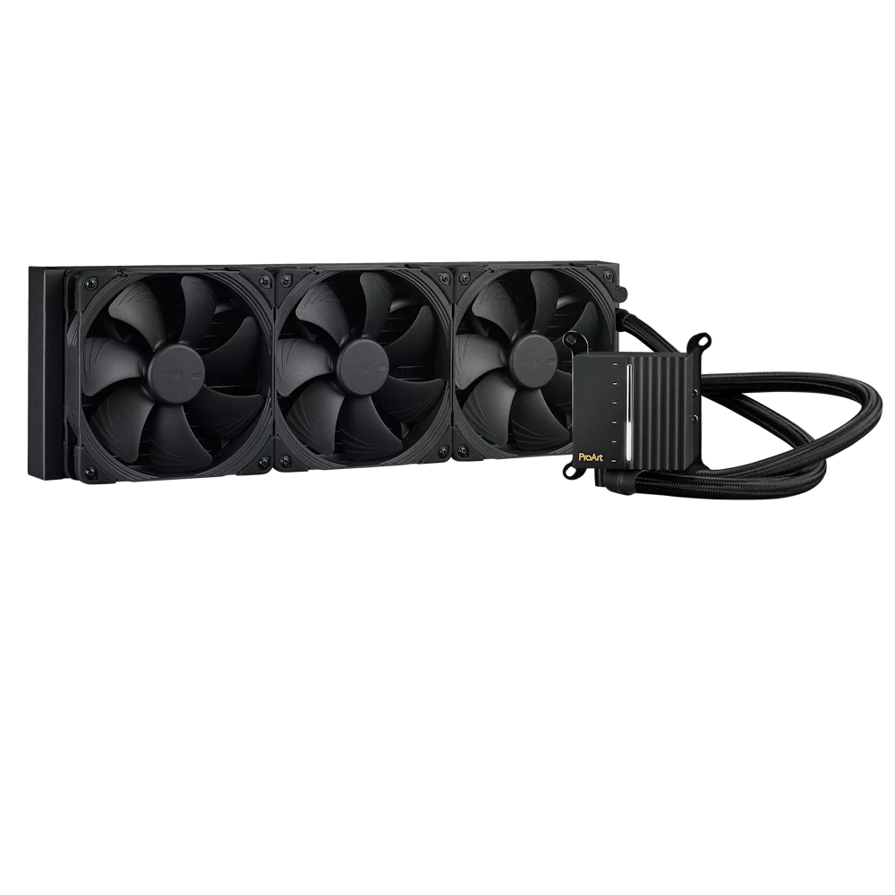 A large main feature product image of ASUS ProArt LC 420 - 420mm AIO Liquid CPU Cooler