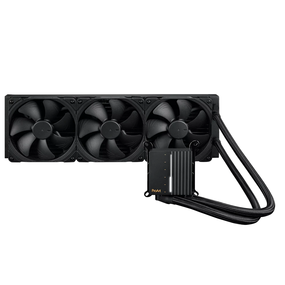 A large main feature product image of ASUS ProArt LC 420 - 420mm AIO Liquid CPU Cooler