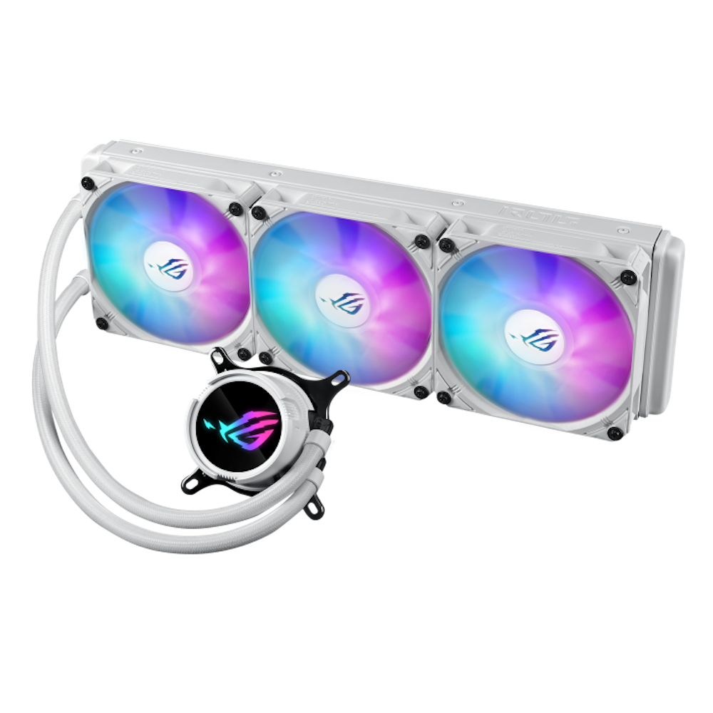 A large main feature product image of ASUS ROG Strix LC III 360 ARGB 360mm AIO Liquid CPU Cooler - White