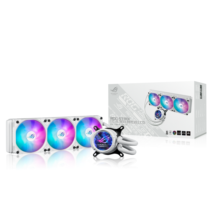 A large main feature product image of ASUS ROG Strix LC III 360 ARGB LCD 360mm AIO CPU Liquid Cooler - White