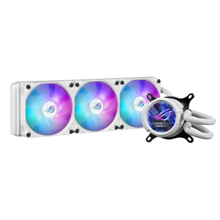 A large main feature product image of ASUS ROG Strix LC III 360 ARGB LCD 360mm AIO CPU Liquid Cooler - White