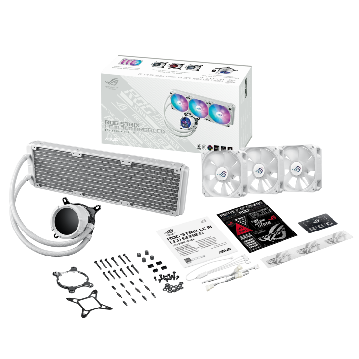 A large main feature product image of ASUS ROG Strix LC III 360 ARGB LCD 360mm AIO CPU Liquid Cooler - White