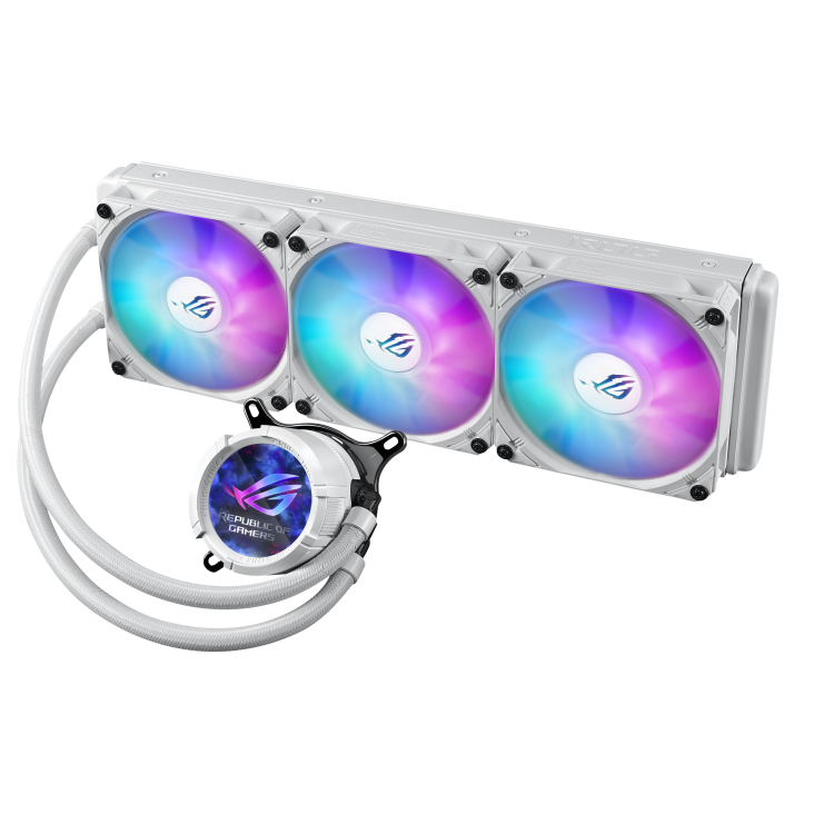 A large main feature product image of ASUS ROG Strix LC III 360 ARGB LCD 360mm AIO CPU Liquid Cooler - White