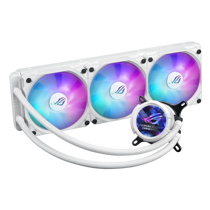A large main feature product image of ASUS ROG Strix LC III 360 ARGB LCD 360mm AIO CPU Liquid Cooler - White