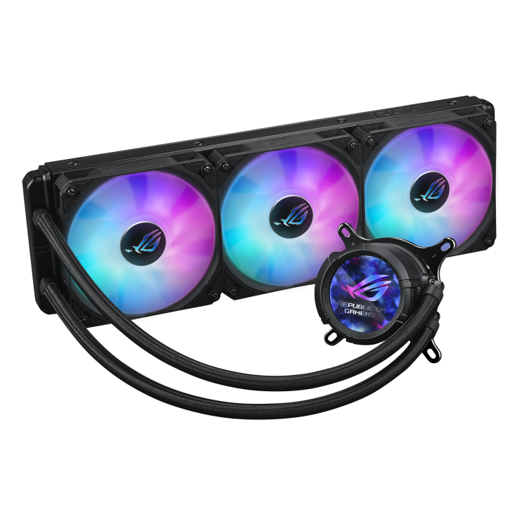 A large main feature product image of ASUS ROG Strix LC III 360 ARGB LCD 360mm AIO Liquid CPU Cooler