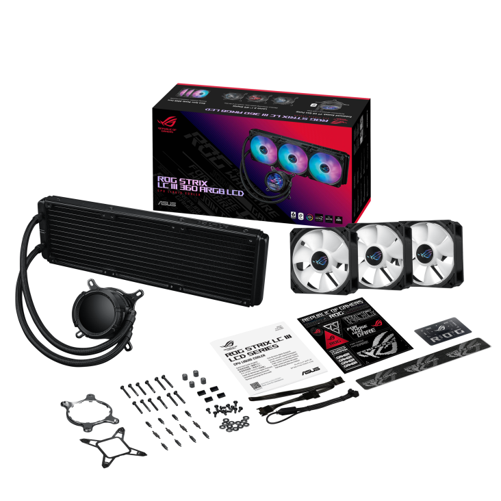 A large main feature product image of ASUS ROG Strix LC III 360 ARGB LCD 360mm AIO Liquid CPU Cooler