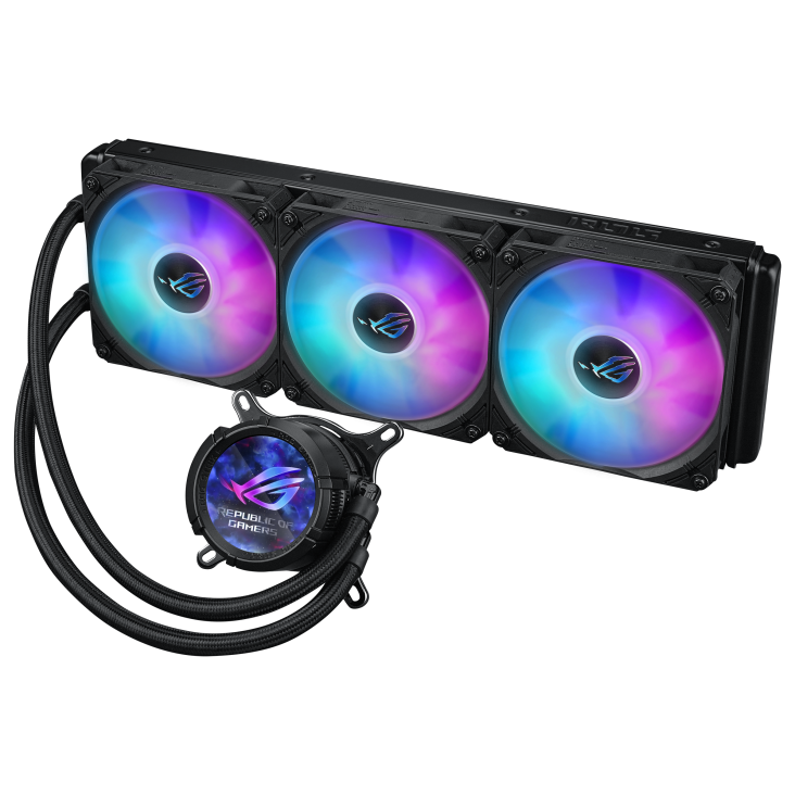 A large main feature product image of ASUS ROG Strix LC III 360 ARGB LCD 360mm AIO Liquid CPU Cooler