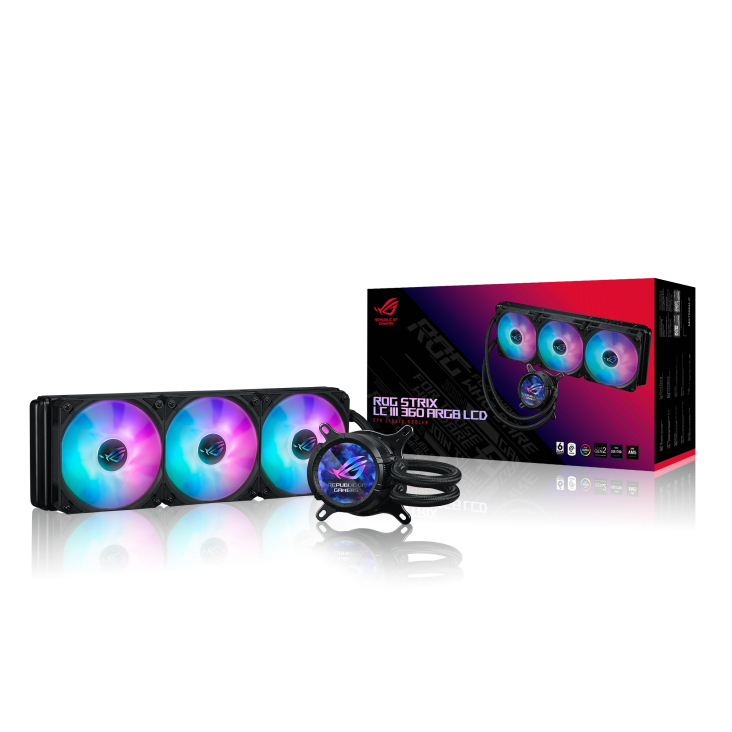 A large main feature product image of ASUS ROG Strix LC III 360 ARGB LCD 360mm AIO Liquid CPU Cooler