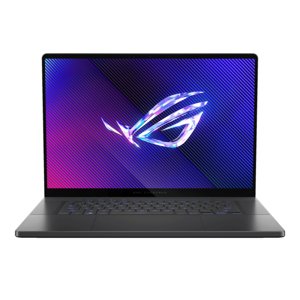A large main feature product image of ASUS ROG Zephyrus G16 (GU605) - 16” Core Ultra 9, RTX 4080, 32GB/2TB - Win 11 Pro Gaming Notebook