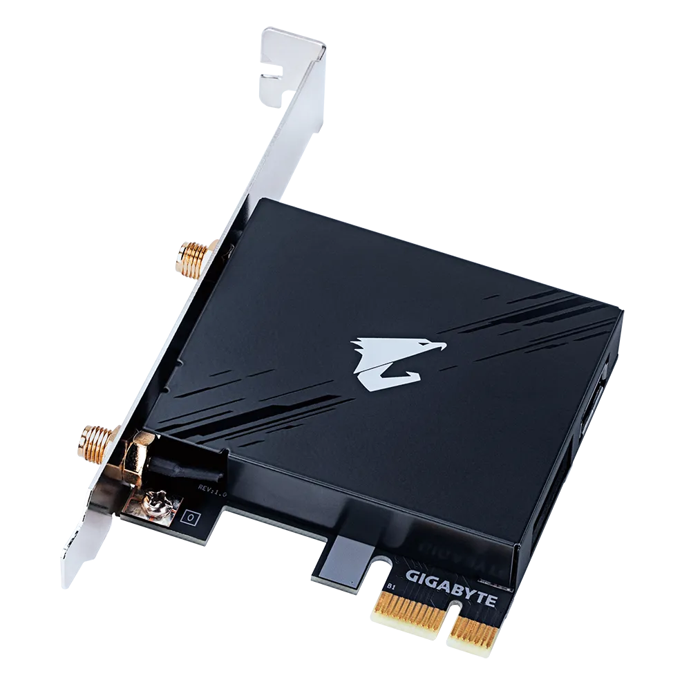 A large main feature product image of Gigabyte GC-WIFI7 Tri-Band Wi-Fi 7 Bluetooth 5.3 Wireless PCIe Adapter