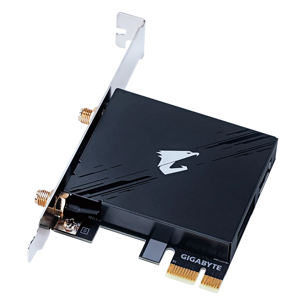 A large main feature product image of Gigabyte GC-WIFI7 Tri-Band Wi-Fi 7 Bluetooth 5.3 Wireless PCIe Adapter