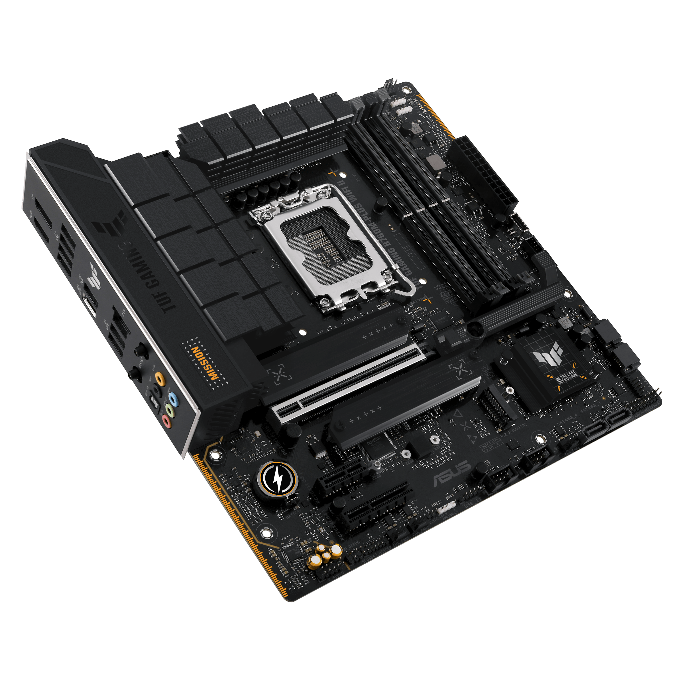 A large main feature product image of ASUS TUF Gaming B760M-Plus WiFi II LGA1700 mATX Desktop Motherboard