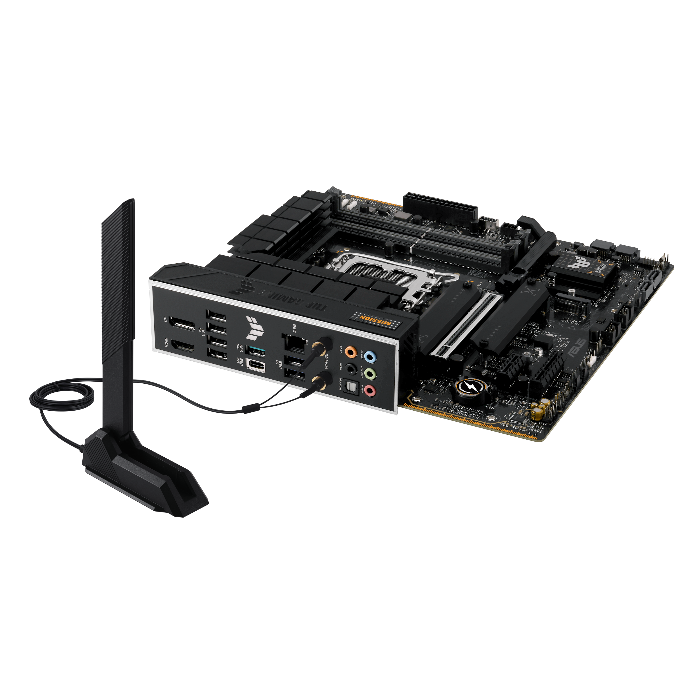 A large main feature product image of ASUS TUF Gaming B760M-Plus WiFi II LGA1700 mATX Desktop Motherboard