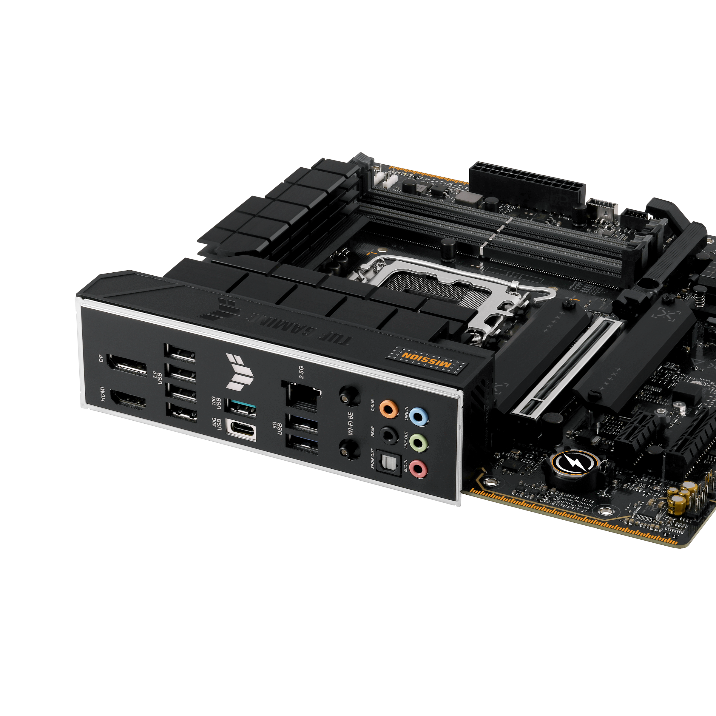 A large main feature product image of ASUS TUF Gaming B760M-Plus WiFi II LGA1700 mATX Desktop Motherboard