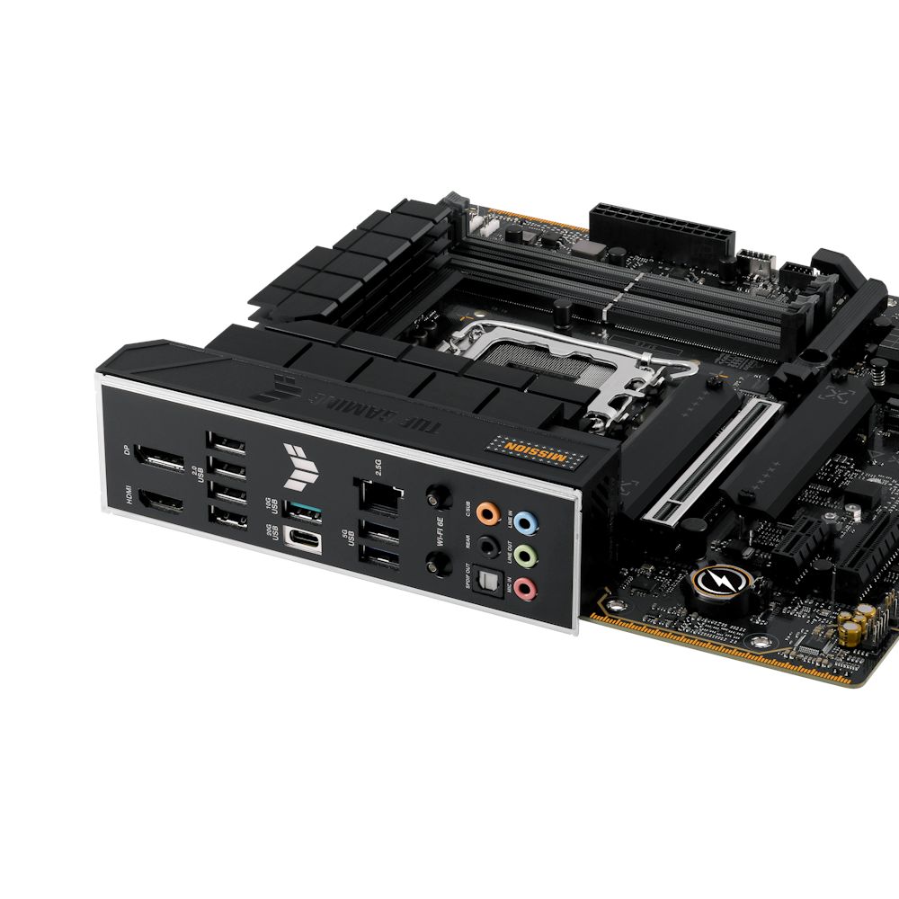 A large main feature product image of ASUS TUF Gaming B760M-Plus WiFi II LGA1700 mATX Desktop Motherboard
