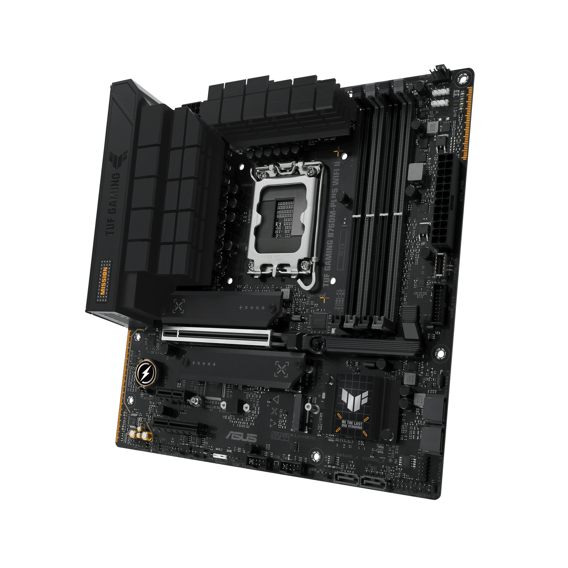 A large main feature product image of ASUS TUF Gaming B760M-Plus WiFi II LGA1700 mATX Desktop Motherboard