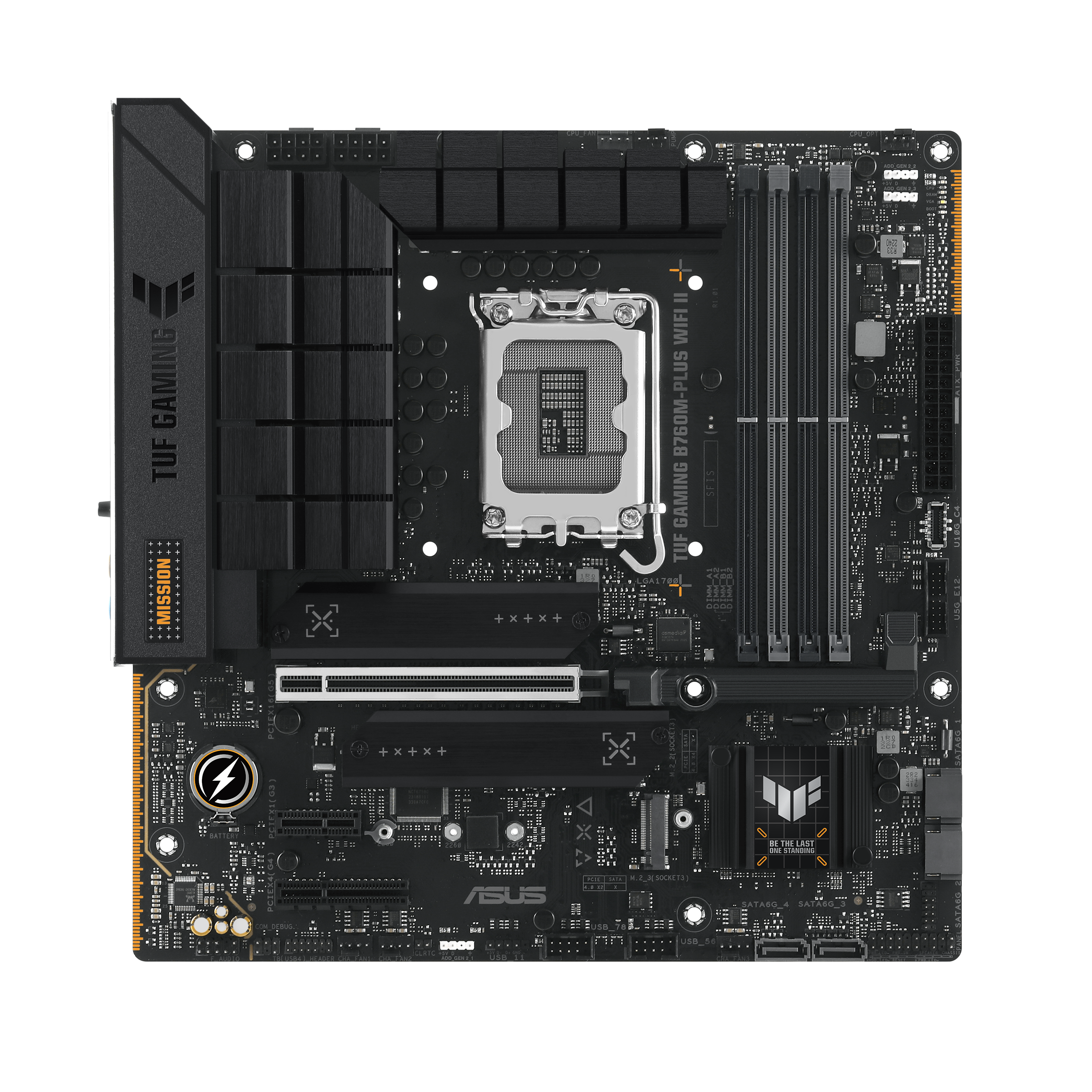 A large main feature product image of ASUS TUF Gaming B760M-Plus WiFi II LGA1700 mATX Desktop Motherboard