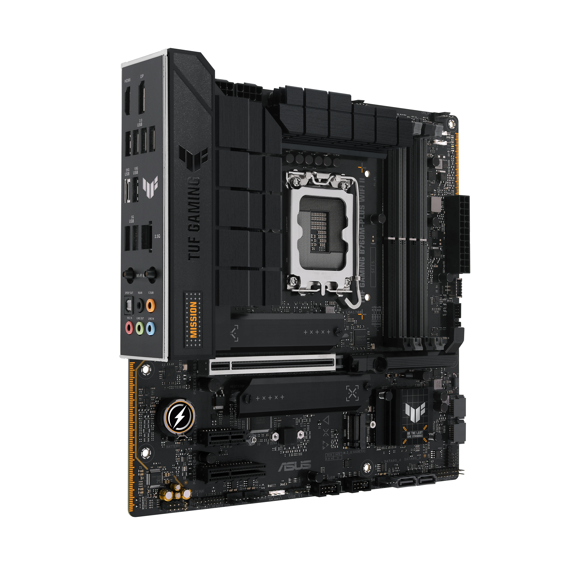 A large main feature product image of ASUS TUF Gaming B760M-Plus WiFi II LGA1700 mATX Desktop Motherboard